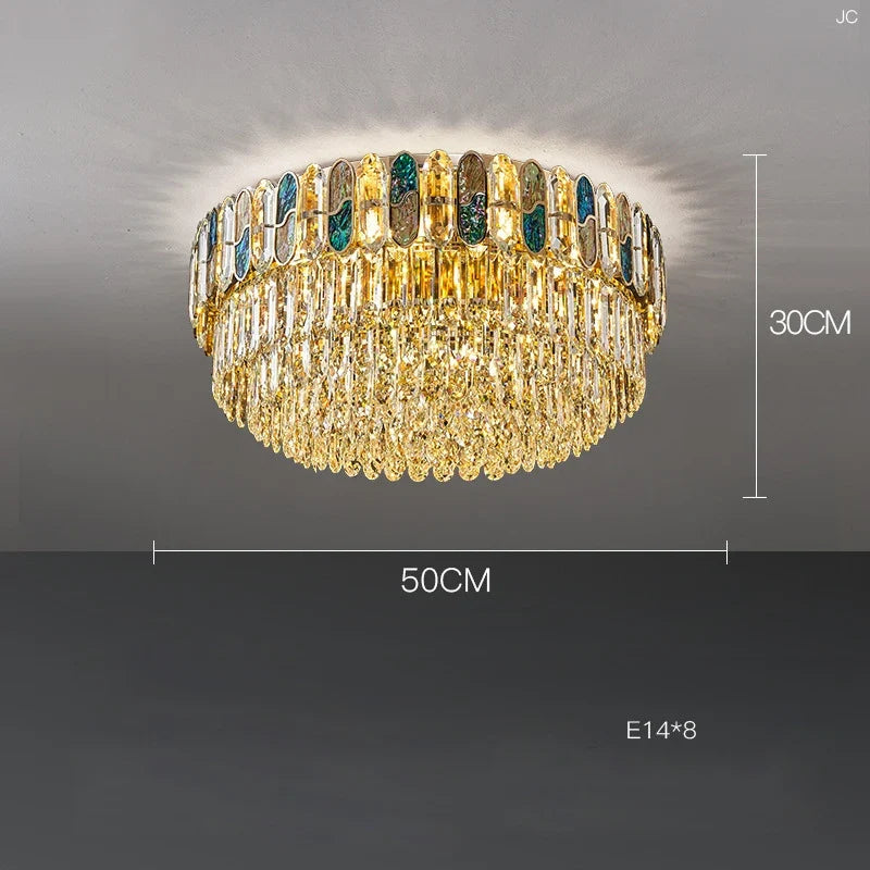 plafonnier led art déco en cristal doré et acier inoxydable