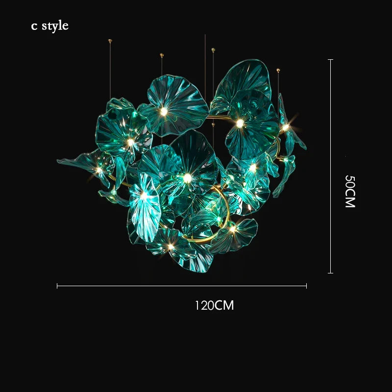 lustre artistique avec feuilles de verre suspendu led pour hôtel
