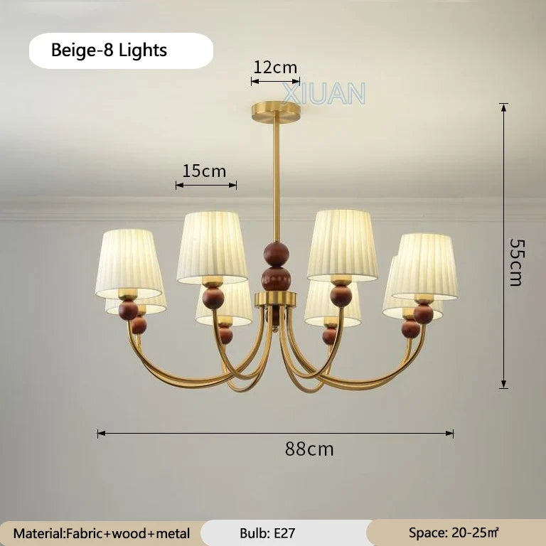 lustre led vintage américain en tissu plissé et bois wabi-sabi