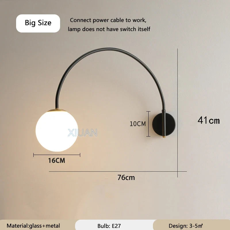 Minimalist Long Pole Fishing Wall Lamp Rotate Swing Arm White Glass Ball Wall Light for Living Room Bedroom Dining Table Indoor