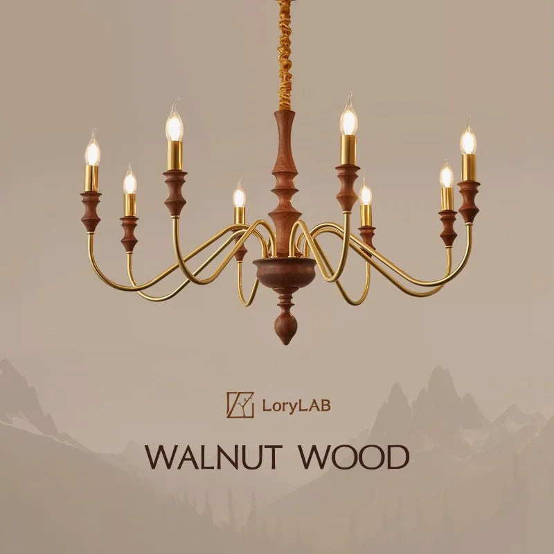 Walnut Wood Brass Candle, Vintage Retro Wabi-sabi style, Chandelier light for Living Room, Bedroom, Dining Room, Study, Kitchen