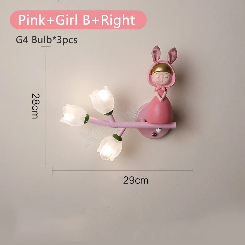 applique murale fille lapin g4 led fleur