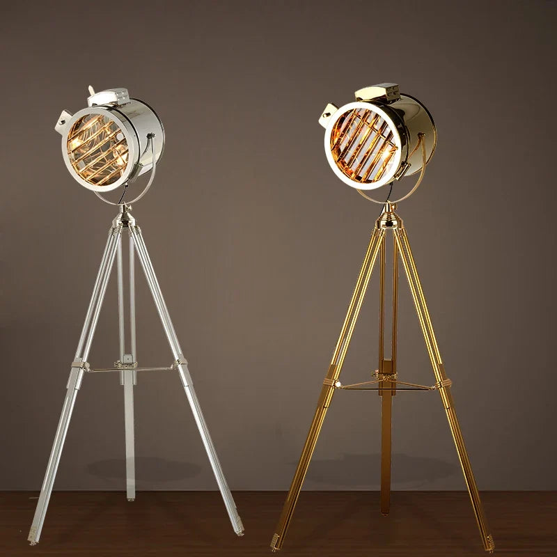 lampadaire trépied rétro industriel en bois argenté doré créatif