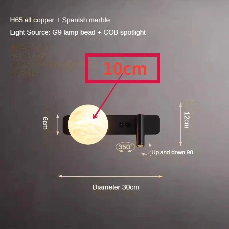 Modern Minimalist Black Rotatable All Copper Natural Marble Wall Lamp, Bedroom Bedside Lamp, Light Luxury Living Room Wall Lamp
