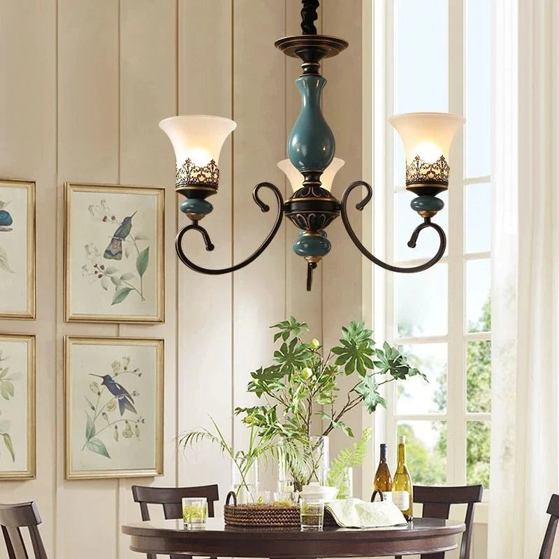 lustre rétro européen en céramique avec abat-jour en verre