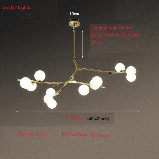lustre en verre avec branches d'arbre et boules lumineuses