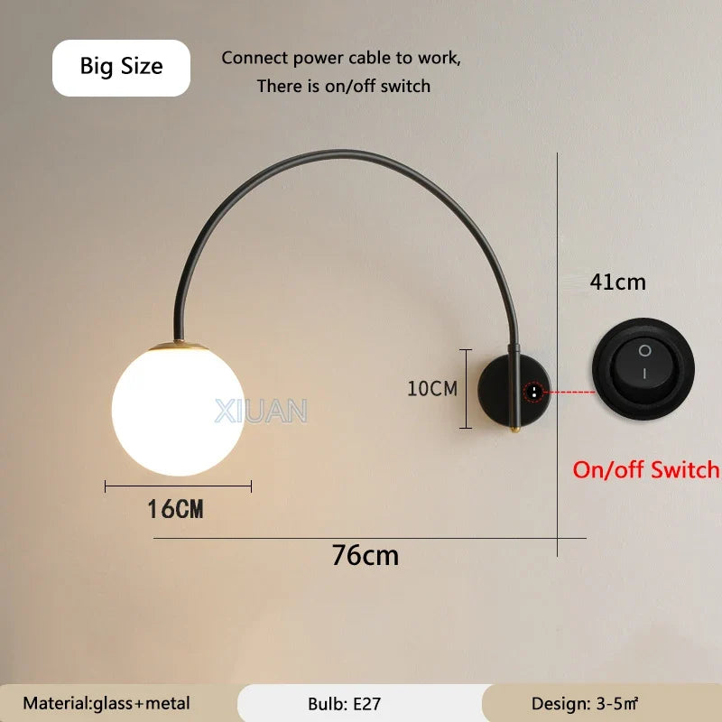 Minimalist Long Pole Fishing Wall Lamp Rotate Swing Arm White Glass Ball Wall Light for Living Room Bedroom Dining Table Indoor