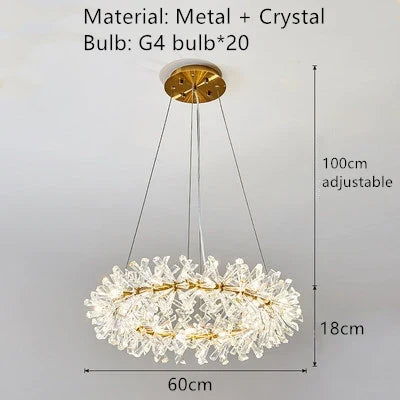 lustre led cristal clair rond avec fil métallique doré réglable