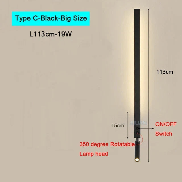 Modern Bedroom Living Room Wall Light ON/OFF Switch AC220V Black White Long Wall Lamps with LED Spotlights