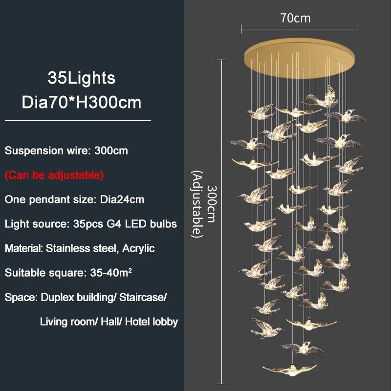 YOULAIKE oiseau design led lustre pour escalier de luxe salon suspendu luminaire couloir longue spirale acrylique lampes