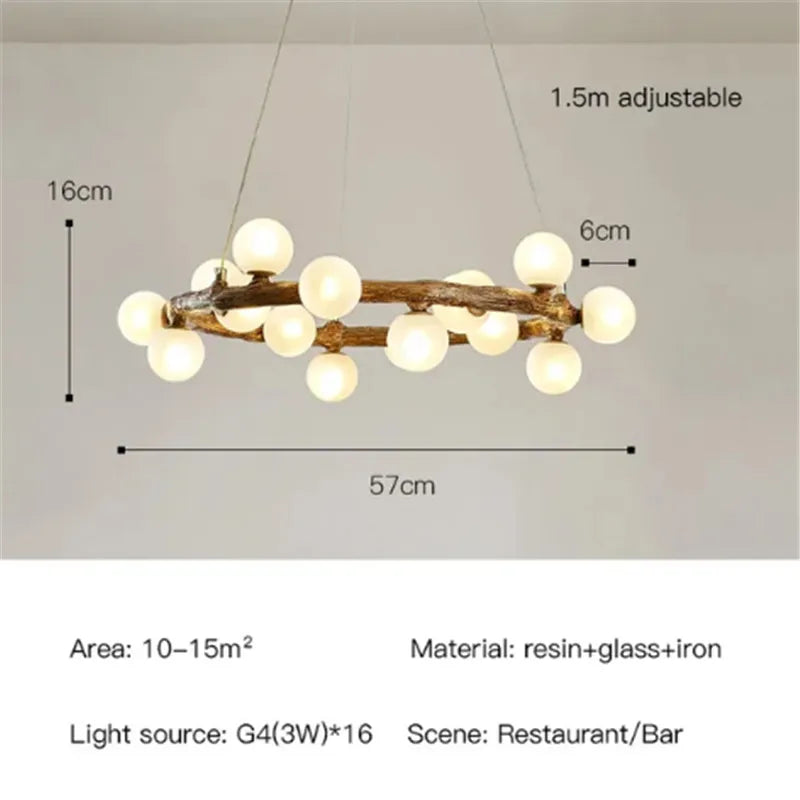 lustre rétro en forme de branche d'arbre en bois et verre
