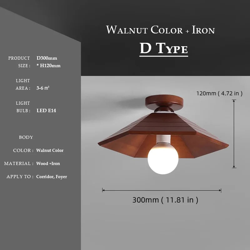 Walnut wood Brass lighting, Modern Minimalism Wabi-sabi Style, Ceiling light for Porch, Entrance, Corridor, Balcony