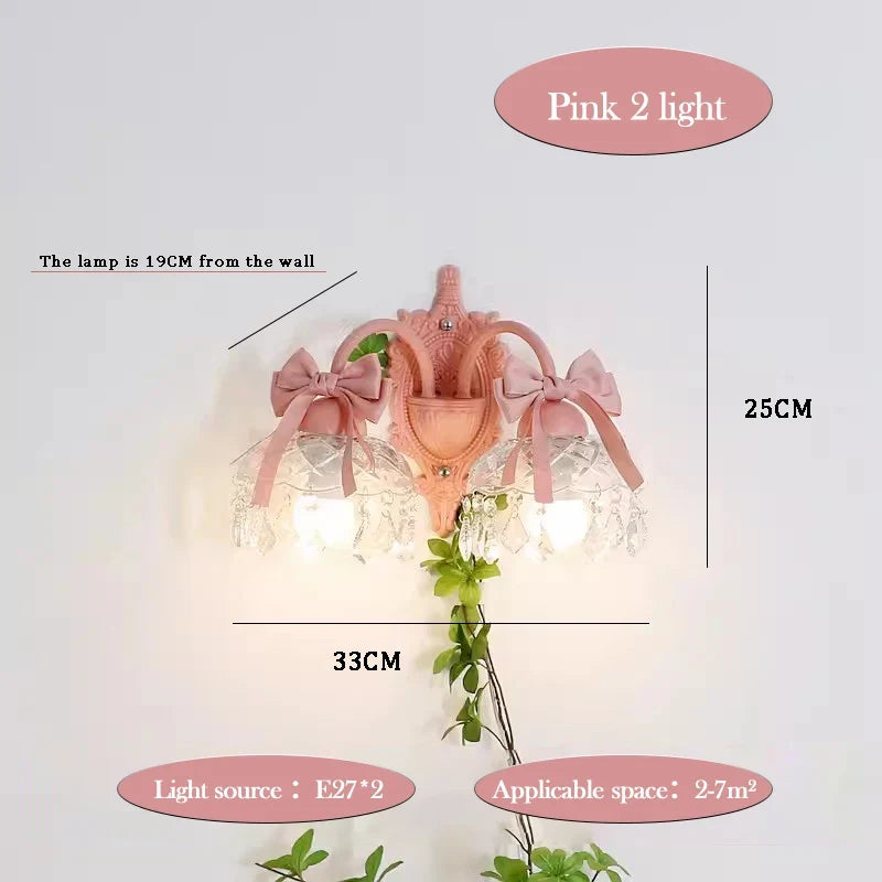 applique murale princesse en verre cristal avec nœud rose