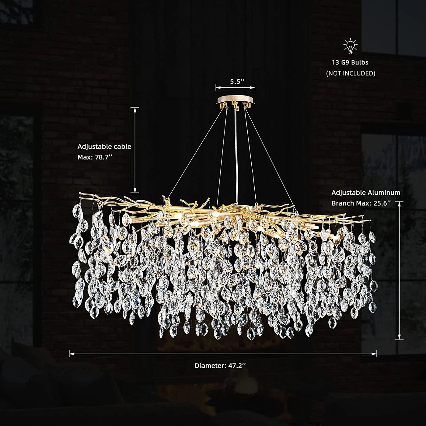lustre en cristal de luxe avec branches led pour intérieur moderne