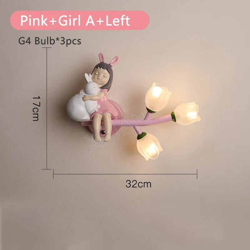 applique murale fille lapin g4 led fleur
