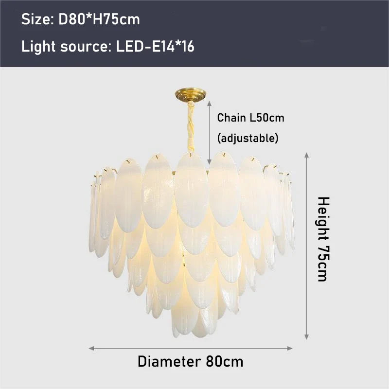 lustre moderne en verre avec plumes et éclairage led