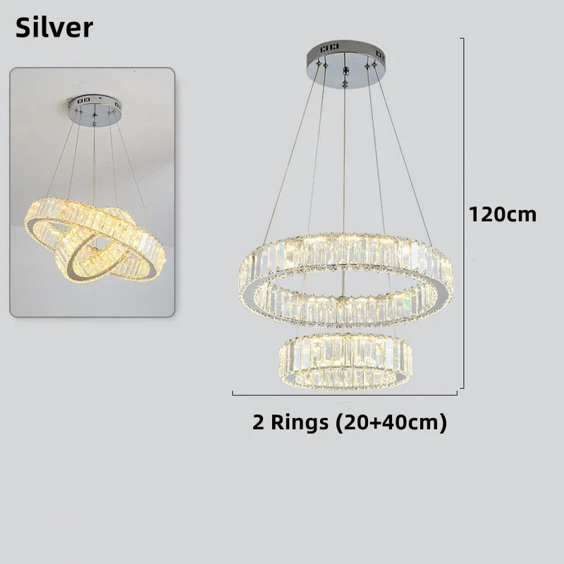 lustre moderne en cristal avec anneaux réglables pour décoration intérieure