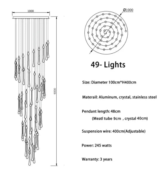 lustre led moderne en cristal pour grand escalier