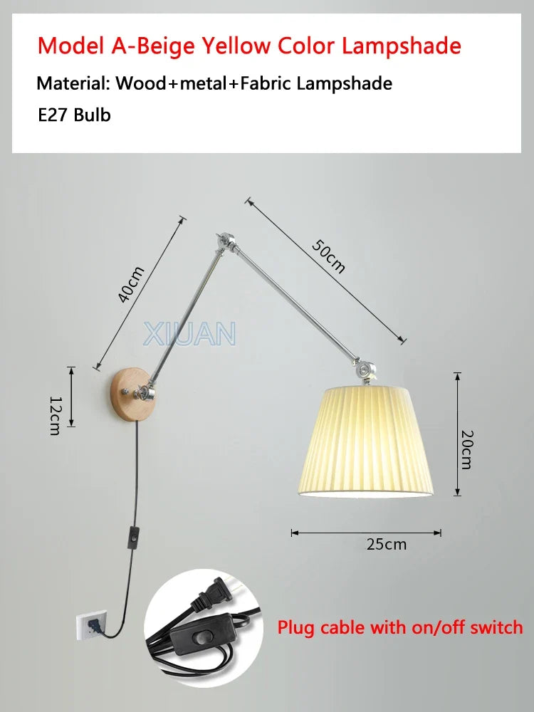 Nordic Shiftable Rocker Arm Wall Lamps Fabric Lampshade Dining Table Wall Light for Bedside Study Reading Lighting ON/OFF Switch