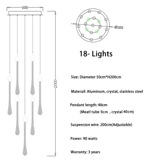 lustre led moderne en cristal pour grand escalier