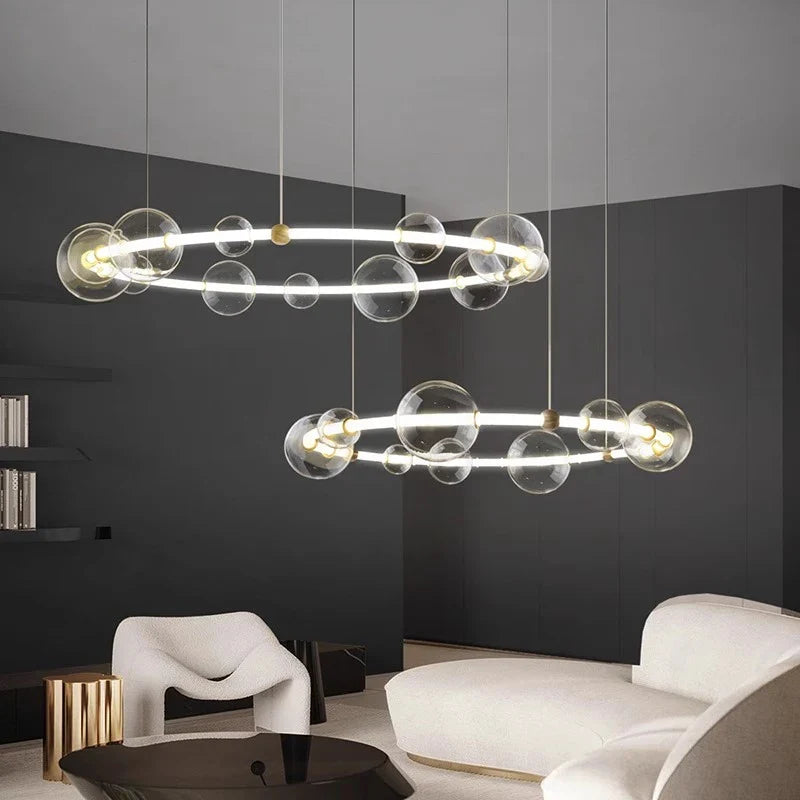 lustre de luxe à bulles longue bande éclairage led en verre transparent créatif