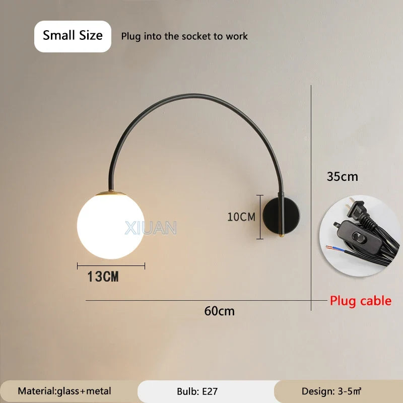 Minimalist Long Pole Fishing Wall Lamp Rotate Swing Arm White Glass Ball Wall Light for Living Room Bedroom Dining Table Indoor