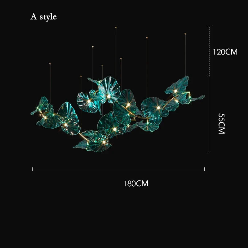 lustre artistique avec feuilles de verre suspendu led pour hôtel