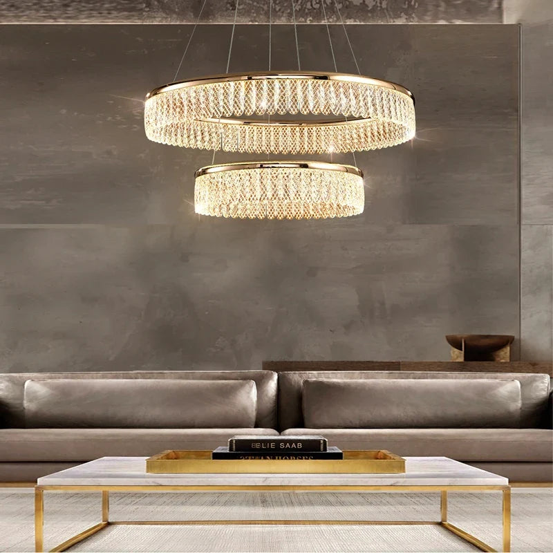 lustre led en cristal losange rond à plusieurs anneaux luxueux