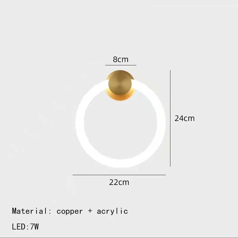 applique murale led moderne en laiton anneau acrylique 3 couleurs gradable
