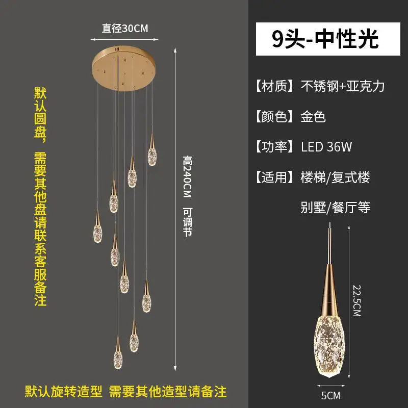 lustre d'escalier duplex lumière moderne de luxe rotatif en cristal