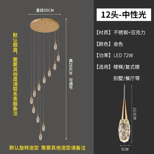 lustre d'escalier duplex lumière moderne de luxe rotatif en cristal