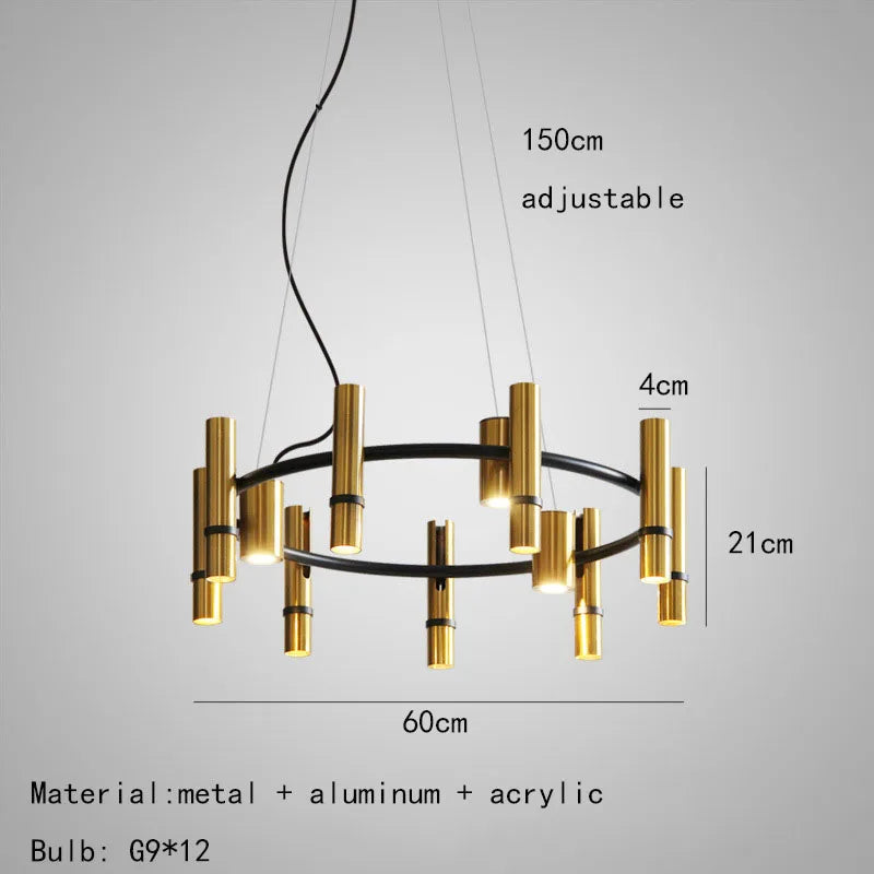 lustre en métal doré avec anneau noir réglable pour divers espaces