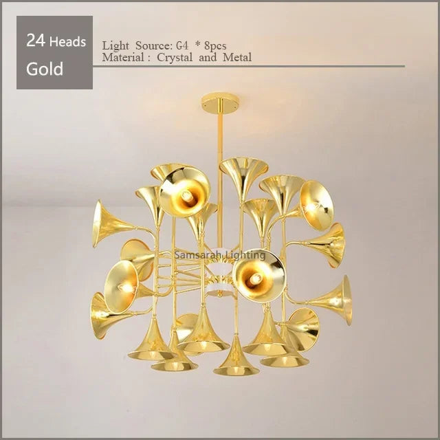 lustre trompette dorée à plusieurs têtes design moderne