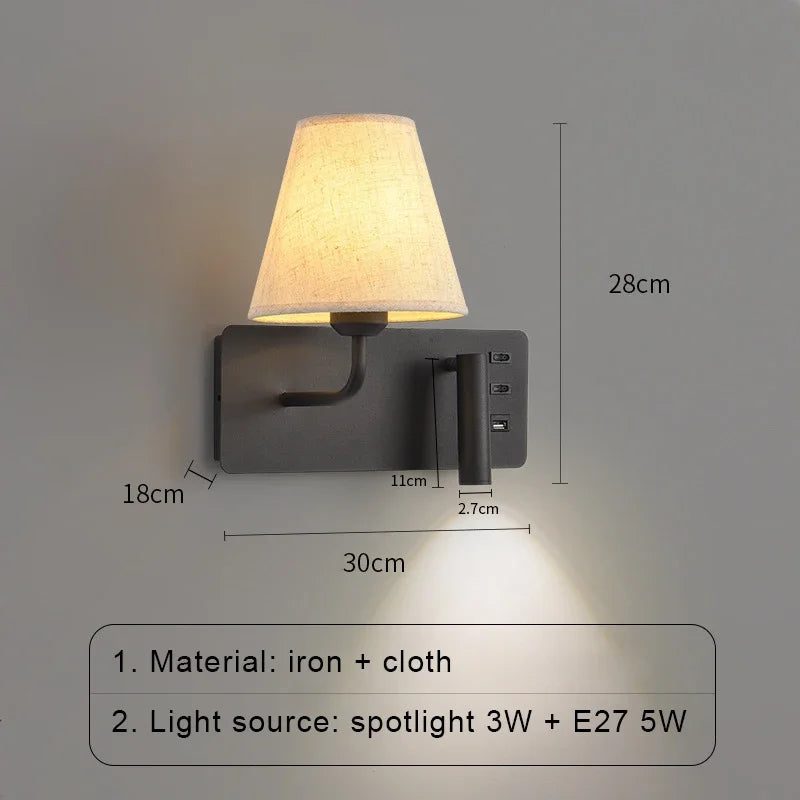applique murale led nordique moderne avec interrupteur usb pour hôtel