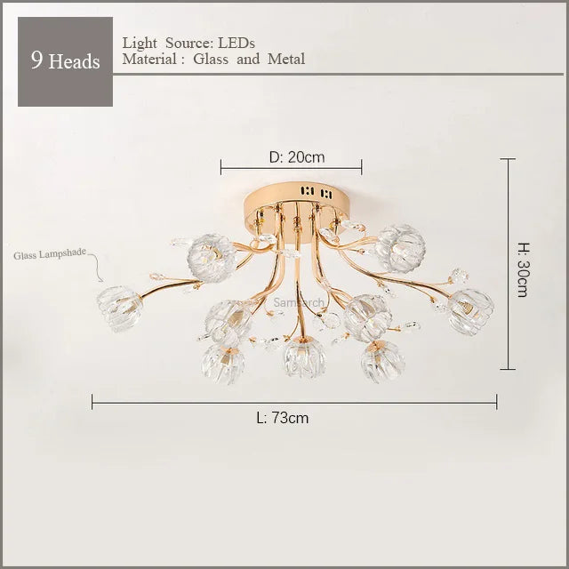 lustre nordique de luxe en cristal avec fleur en verre led
