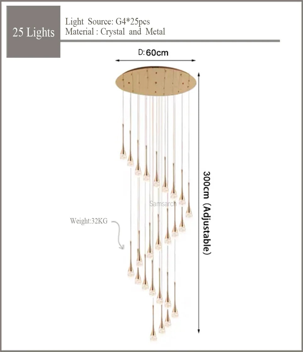 2024 Teardrop LED chandelier staircase luxury corridor long spiral crystal lamp modern home decorative chandelier fixtures