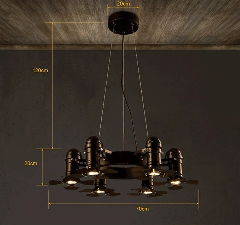 lustre industriel vintage à 6 têtes pour établissements commerciaux