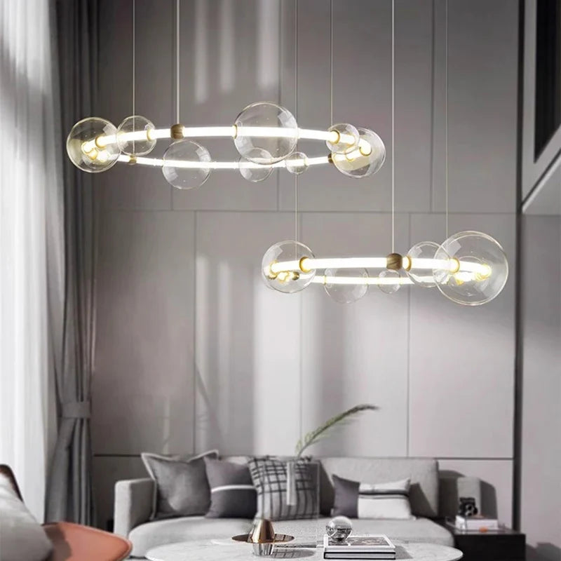 lustre de luxe à bulles longue bande éclairage led en verre transparent créatif