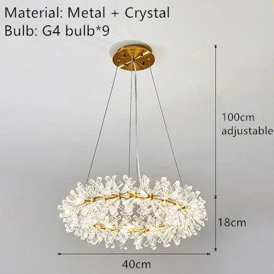 lustre led cristal clair rond avec fil métallique doré réglable
