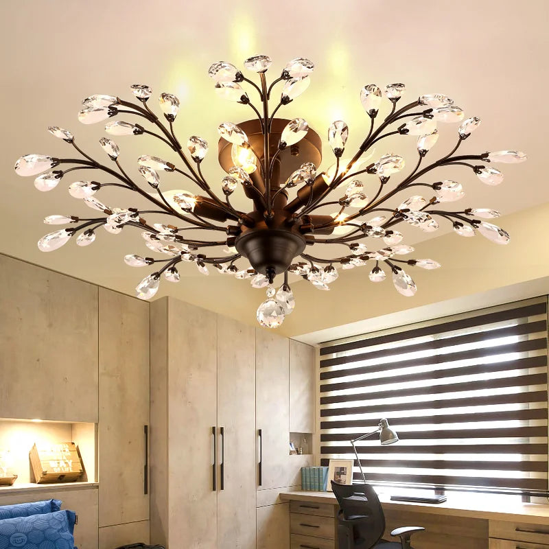 lustre vintage en métal noir avec suspensions en cristal pour intérieur moderne