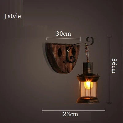 applique murale industrielle vintage en bois avec abat-jour en métal et verre