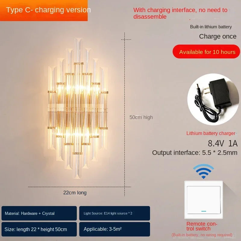 applique murale moderne en cristal rechargeable de luxe