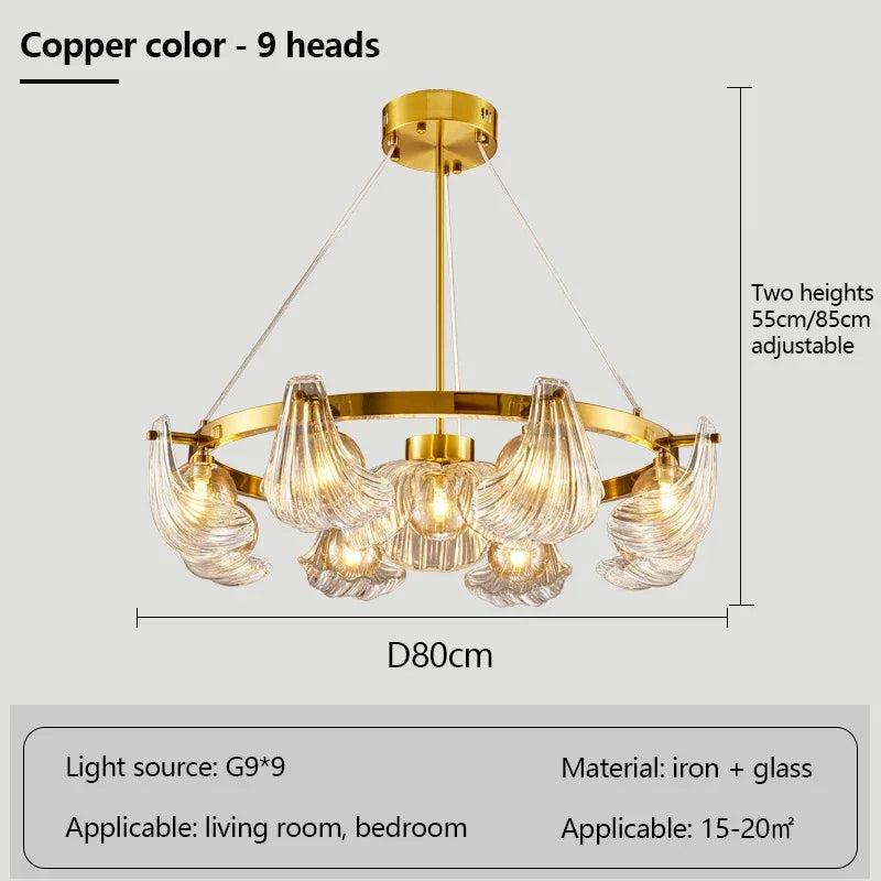 lustre de luxe en verre de coquille avec lampes led créatives
