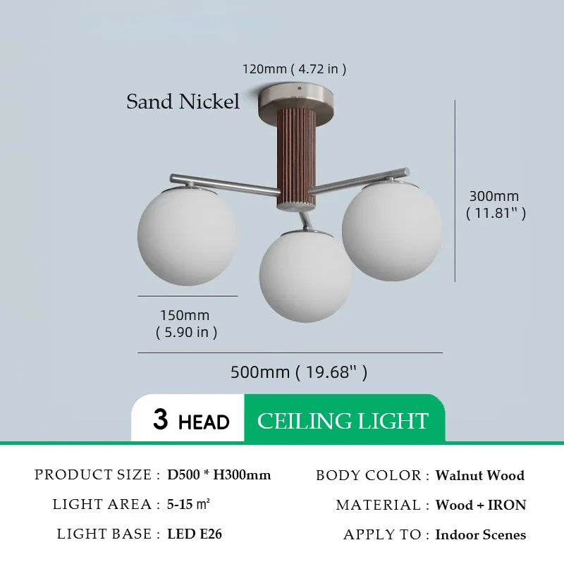 Walnut Wood Brass Round Glass, Wabi-sabi Modern Simple style, Chandelier light for Living room, Bedroom, Dining room, Study