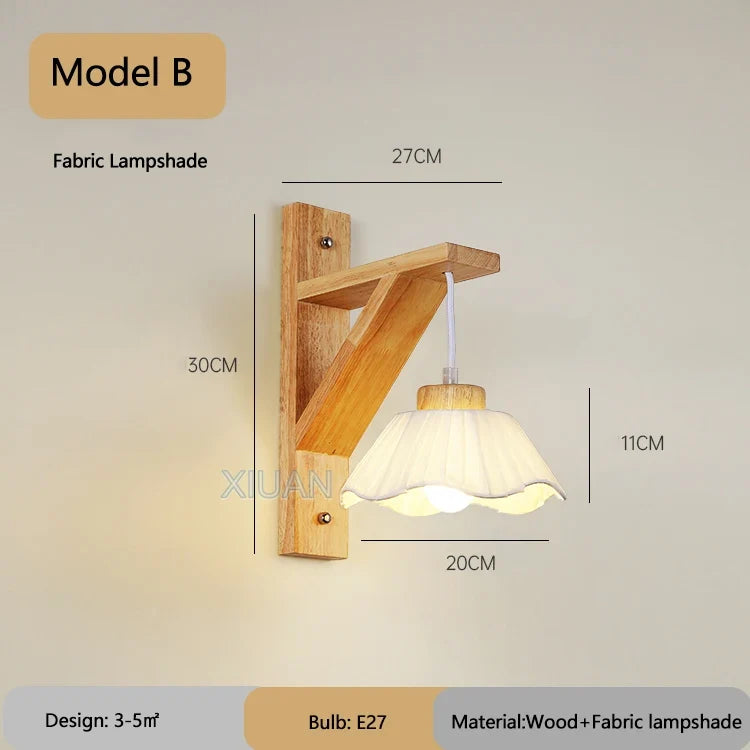 Japanese Wood Wall Lamp Wabi-sabi Style Bedside Light Fabric Lampshade Chinese Lantern Wall Light for Living Room Restaurant E27