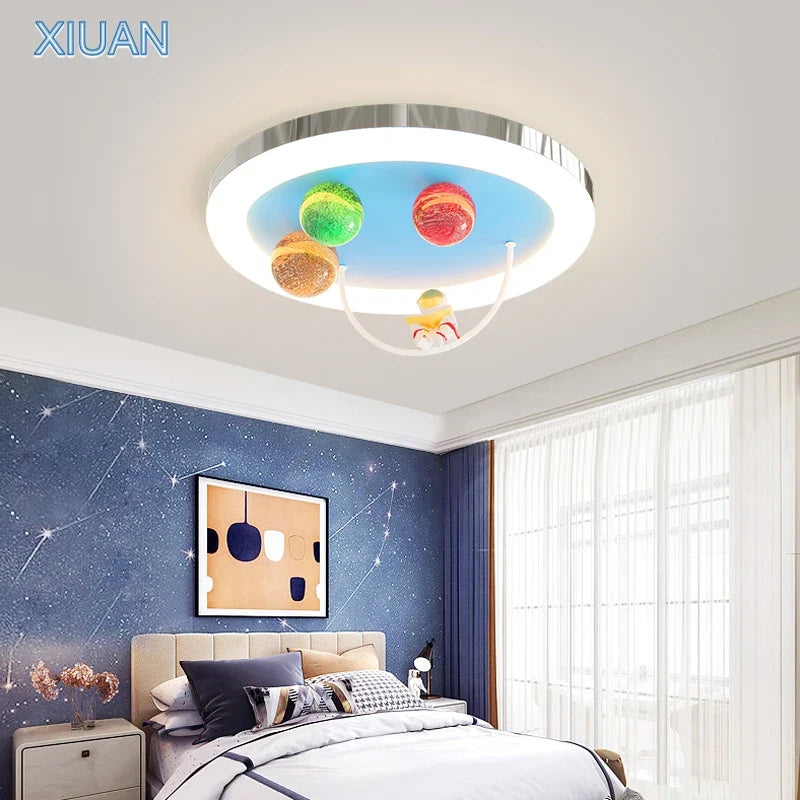 Creative Colorful Glass Ceiling Chandelier Light Planet Astronaut Ceiling Lamps Pink Blue Chrome 220V Children's Bedroom Lamps