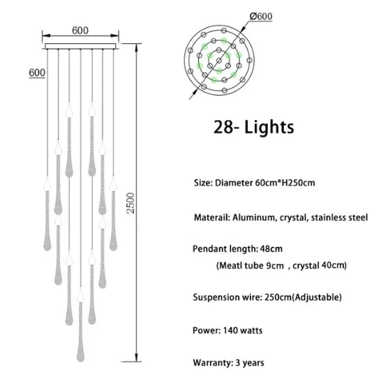 lustre led moderne en cristal pour grand escalier