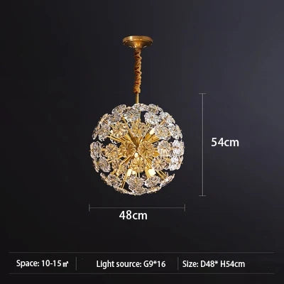 lustre suspendu en cuivre avec cristaux de pissenlit rond