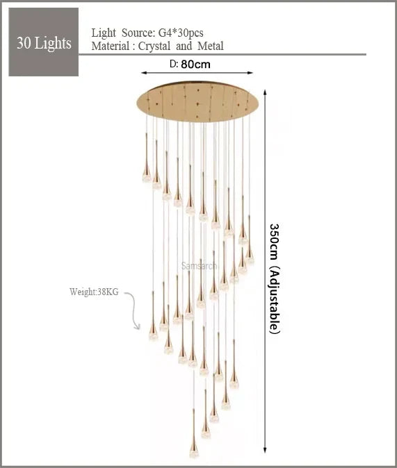 2024 Teardrop LED chandelier staircase luxury corridor long spiral crystal lamp modern home decorative chandelier fixtures