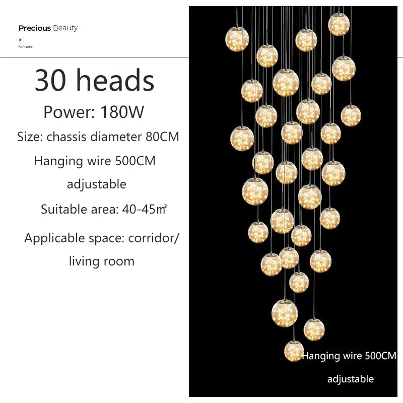 lustre moderne en colimaçon avec éclairage led et boule de cristal